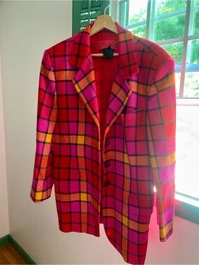 Escada Red, Pink & Yellow Plaid Blazer